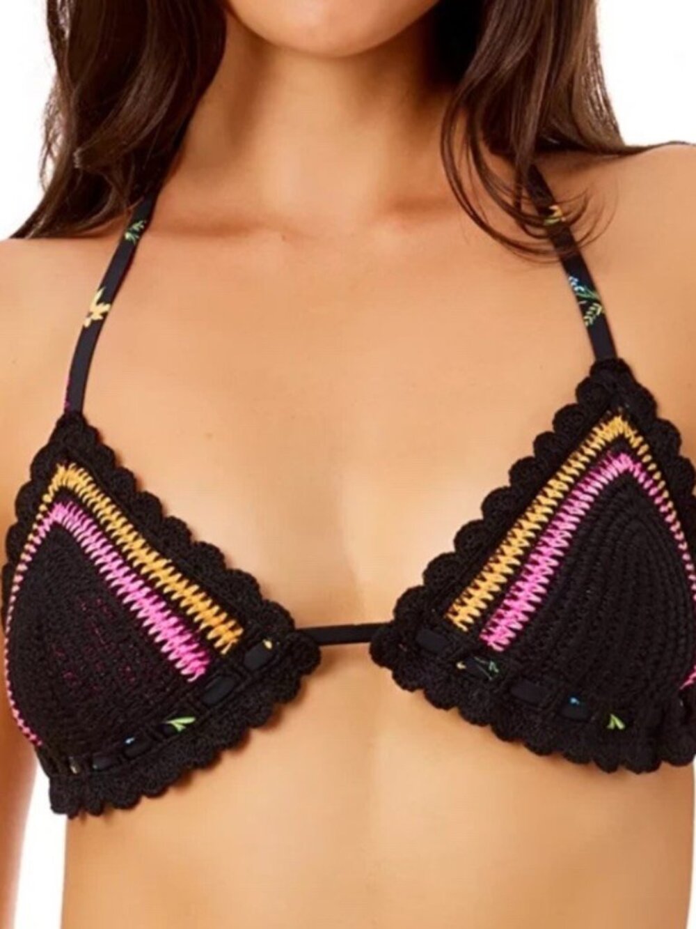 Salt + Cove Juniors' Chochet Floral Triangle Bikini Top, Black, Medium
